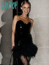 Lunivop Women Summer Style Sexy Strapless Backless Feather Mesh Sequins Glitter Black Bodycon Dress